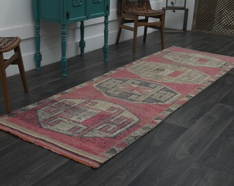 3x10 TURKISH OUSHAK VINTAGE Rug, Wool Rug, Handmade Rug, Runner Rug, Hallway Rug, Kitchen Rug, Entryway Rug, Boho Decor, Pink Beige Carpet