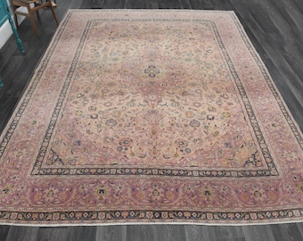 9.2x12.3 ft, ANTIQUE OVERSIZED RUG, Purple Pink Floral Rug, Oushak Rug, Handmade Rug, Wool Rug, Heriz Carpet, Neutral Oriental Large Rug