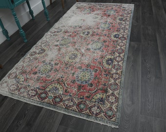 3.6 x 6.4フィート、トルコ製ヴィンテージラグ、ブルーピンクラグ