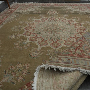 10x14 Rose Green Pink Authentic, Handmade VINTAGE TURKISH RUG, Large Rug, Vintage Wool Rug, 10x14 Area Rug, Decor Oversized Rug, 9.5x13.5 Ft