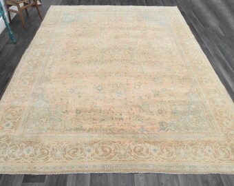 9.3x12.5 ft, ORANGE TURKISH Rug, VINTAGE Rug, Oversized Rug, Area Rug, Oushak Rug, Handmade Rug, Wool Rug, Bohemian Rug, Oriental Rug Floral