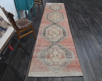 3.1x13.8 ft, FADED ORANGE BROWN Wool Oushak Runner Rug, Vintage Rug, Turkish Rug, Eclectic Rug, Farmhouse Decor, Hallway Decor, Stair Runner