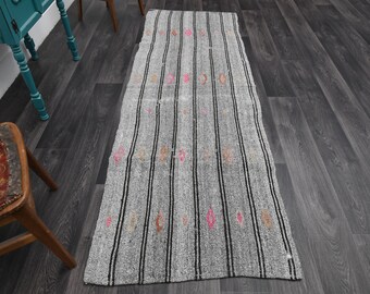 3x8.9 ft, TURKISH KILIM Runner, VINTAGE Runner, Oushak Runner, Flatweave Rug, Wool, Hallway Runner, Handmade, Striped Gray, Ethnic Carpet