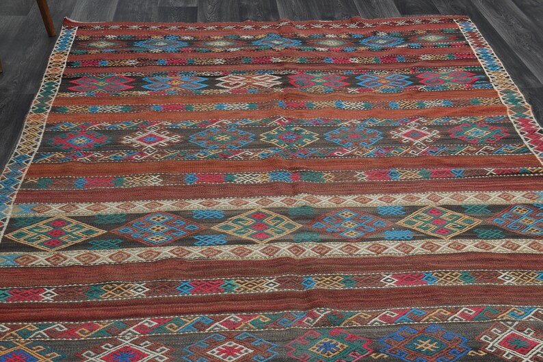 6.3x9.6 Ft Faded Orange Black TURKISH Kilim, Vintage Oushak Wool Rug, Flatweave Carpet, Living Room Rug, Handmade, Home Decor, 6x10 Area Rug image 5