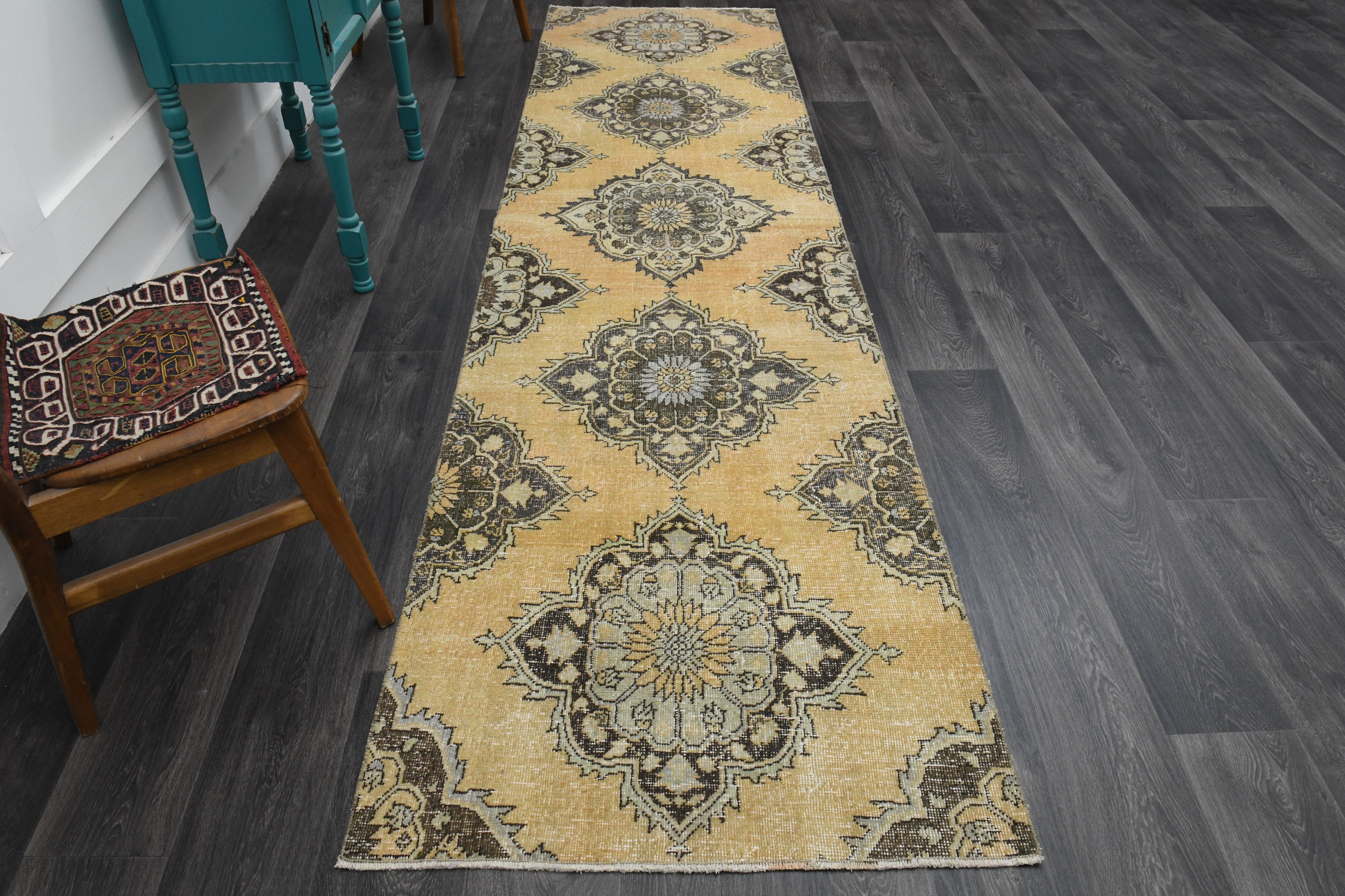 トルコ　ヴィンテージラグ　ランナーラグ　ブラウン系 ヴィンテージラグ、3x13ランナーラグ、トルコラグ、ヘルキラグ