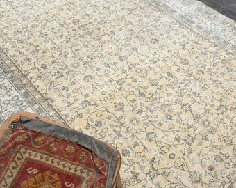 6.7x9.7フィート、花柄ヴィンテージトルコ製エリアラグ、リビング