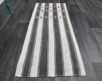 2.3x5.6 ft, TURKISH KILIM Runner, VINTAGE Runner, Oushak Runner, Flatweave Rug, Wool, Hallway Runner, Handmade, Striped White, Ethnic Carpet