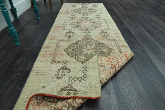 トルコ　ヴィンテージラグ　ランナーラグ　ブラウン系 60×160 ランナーラグ ウール分厚目 アーモンド柄 トルコヴィンテージ