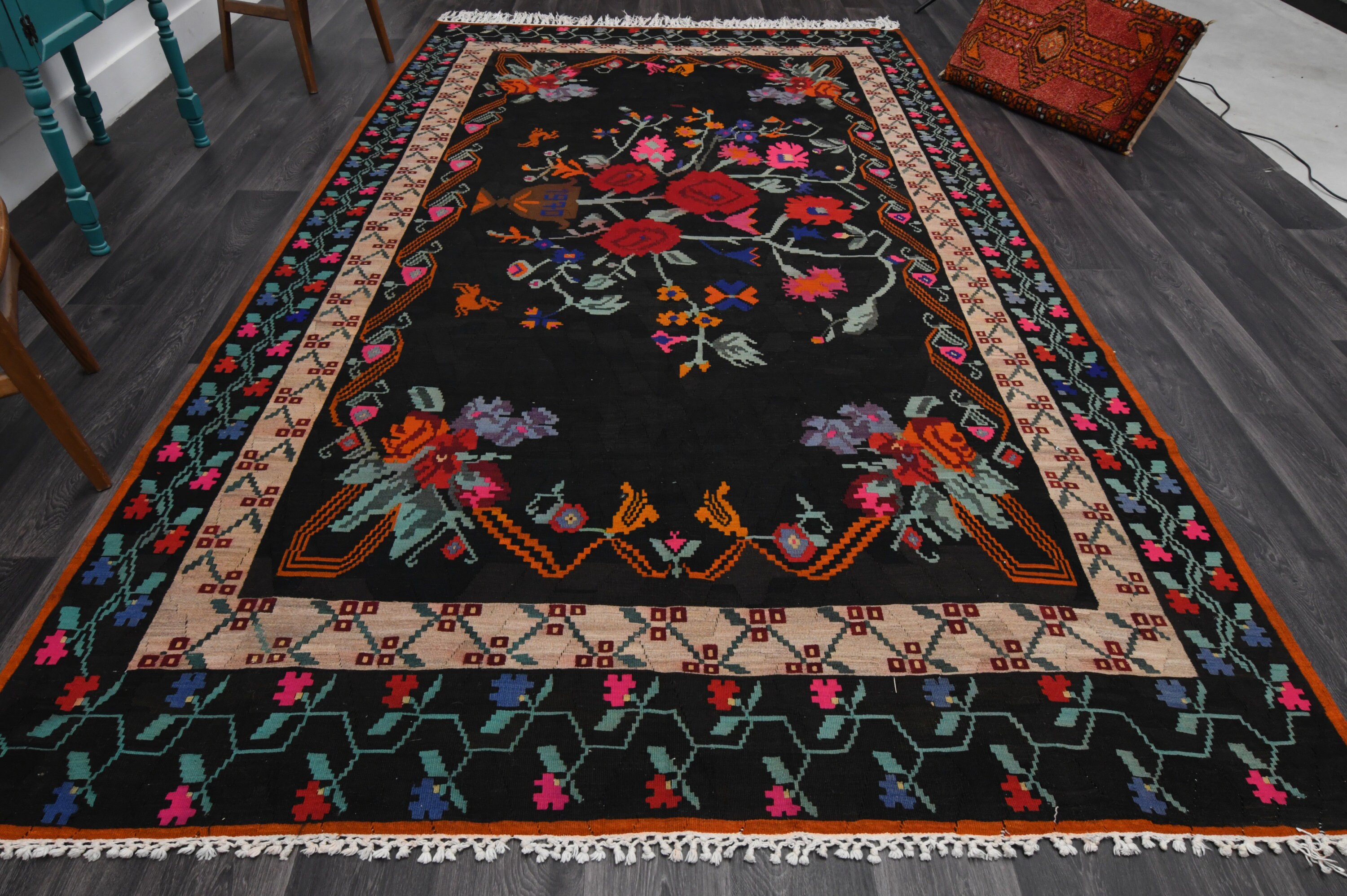 7.2 x 12.4フィート、トルコ製平織りキリムラグ、ヴィンテージラグ