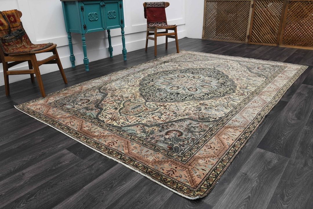 7x10 ベージュパープルラグ、トルコラグ、ヴィンテージラグ、HERIZ