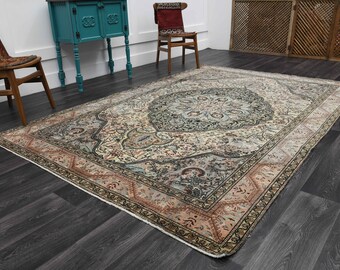 7x10 ベージュパープルラグ、トルコラグ、ヴィンテージラグ、HERIZ