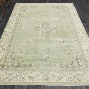 7.2x10.1 ft, TURKISH Rug, VINTAGE Rug, Oushak Rug, Area Rug, Farmhoues Decor, Handmade Rug, Wool Rug, Green Carpet, Bohemian Rug, Floral Rug