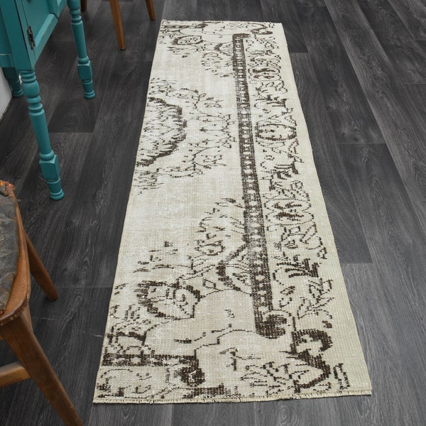 2x8 ft, Beige Vintage Runner, Turkish Rug Runner, Oushak Runner, Wool Rug, Rustic, Handmade Rug, Kitchen Rug, Floral Carpet, Farmhouse Decor