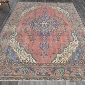 VINTAGE PERSIAN AREA Rug, Luxury Rug, Modern Rug, Blue Pink Color, Root Dye, Washable, Floral Design, Rugs for Living Room, 9&#39;3x12&#39;9 ft, Rug