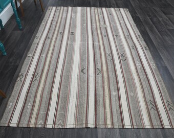 5.9x8.9 ft, TURKISH VINTAGE RUG, Oushak Rug, Area Rug, Wool Rug, Farmhouse Decor, Living Room Rug, Striped Rug, Handmade, Gray Carpet