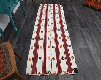 2.6x8 ft, TURKISH KILIM Runner, VINTAGE Runner, Oushak Runner, Flatweave Rug, Wool, Hallway Runner, Handmade, Striped White, Ethnic Carpet