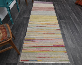 2.9x9.4 ft, TURKISH KILIM Runner, VINTAGE Runner, Oushak Runner, Flatweave Rug, Wool, Hallway Runner, Handmade, Striped Gray, Ethnic Carpet