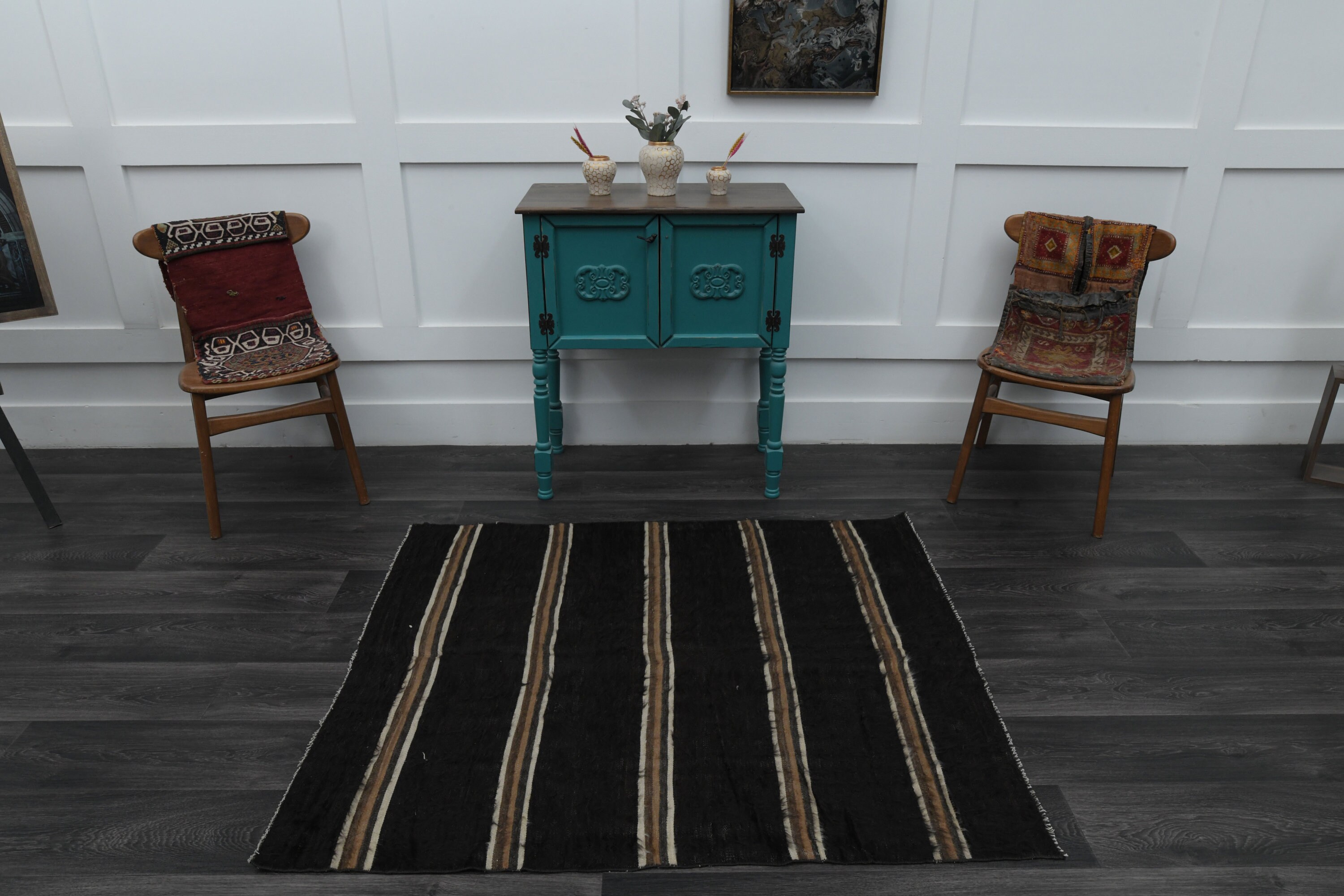 4x4.9フィート、ヴィンテージキリム、トルコラグ、ブラック