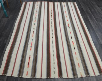5.9x8.2 ft, Striped Cream Brown Rug, Turkish Rug, Oushak Rug, Antique, Wool, Handmade, Room Decor, Living Room, Vintage Rugs, Washable rug