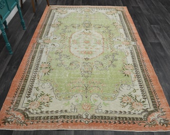 6.2x9.8 Ft, TURKISH Rug, Vintage Rug, Oushak Rug, Wool Rug, Handmade Rug, Rug for Living Room, Farmhouse Decor, Area Rug, Green Oriental Rug