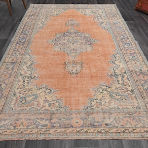 6.4x9.9 ft, VINTAGE Rug, TURKISH Rug, OUSHAK Rug, Oriental, Floral, Wool, Handmade, Farmhouse Decor, Living Room Rug, Turkey Rug, Orange