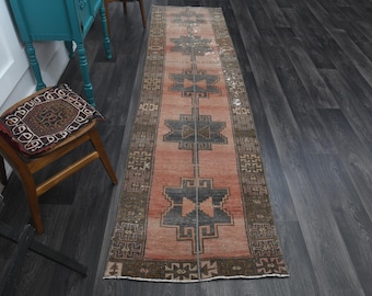 2.8x10.8 ft, Turkish Rug Runner, Oushak Runner, Vintage Runner, Farmhouse Decor, Orange Carpet, Handmade Rug, Wool Rug, Geometric Runner