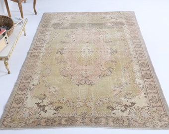 5.6x9 ft, ANTIEK Tapijt, TURKS Tapijt, Oushak Tapijt, Handgemaakte Wol, Beige Bloemen, Gebiedskleed, Boerderij Decor, Tapijt, Woonkamer, Oosters Tapijt