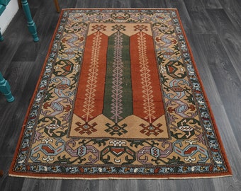 4x6 Red Turkish Vintage Rug, Wool Rug, Handmade Rug, Oushak Rug, Bohemian Rug, Farmhouse Decor, Small Area Rug, Kitchen Rug, Ethnic Ikat Rug