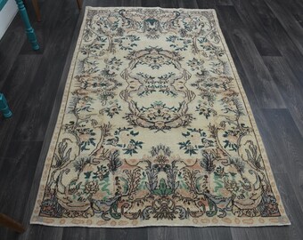 4.2x7.2 ft, TURKISH BEIGE GREEN, Vintage Rug, Oushak Rug, Flatweave Rug, Wool, Bathroom Rug, Handmade, Boho Decor, Ethnic Carpet, Area Rug