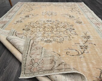 ヴィンテージラグ ハンドメイド ベージュ 証明タグ付き 5'4x9'1 ft、ベージュ トルコ エリア ラグ、トライバル ラグ