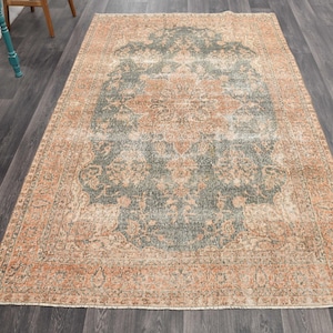 5.6x9.1 ft, ORANGE GREEN TURKISH Vintage Area Rug, Living Room Rug, Dining Room Rug, Washable, Farmhouse Decor, Bohemian, Wool Oushak Rug