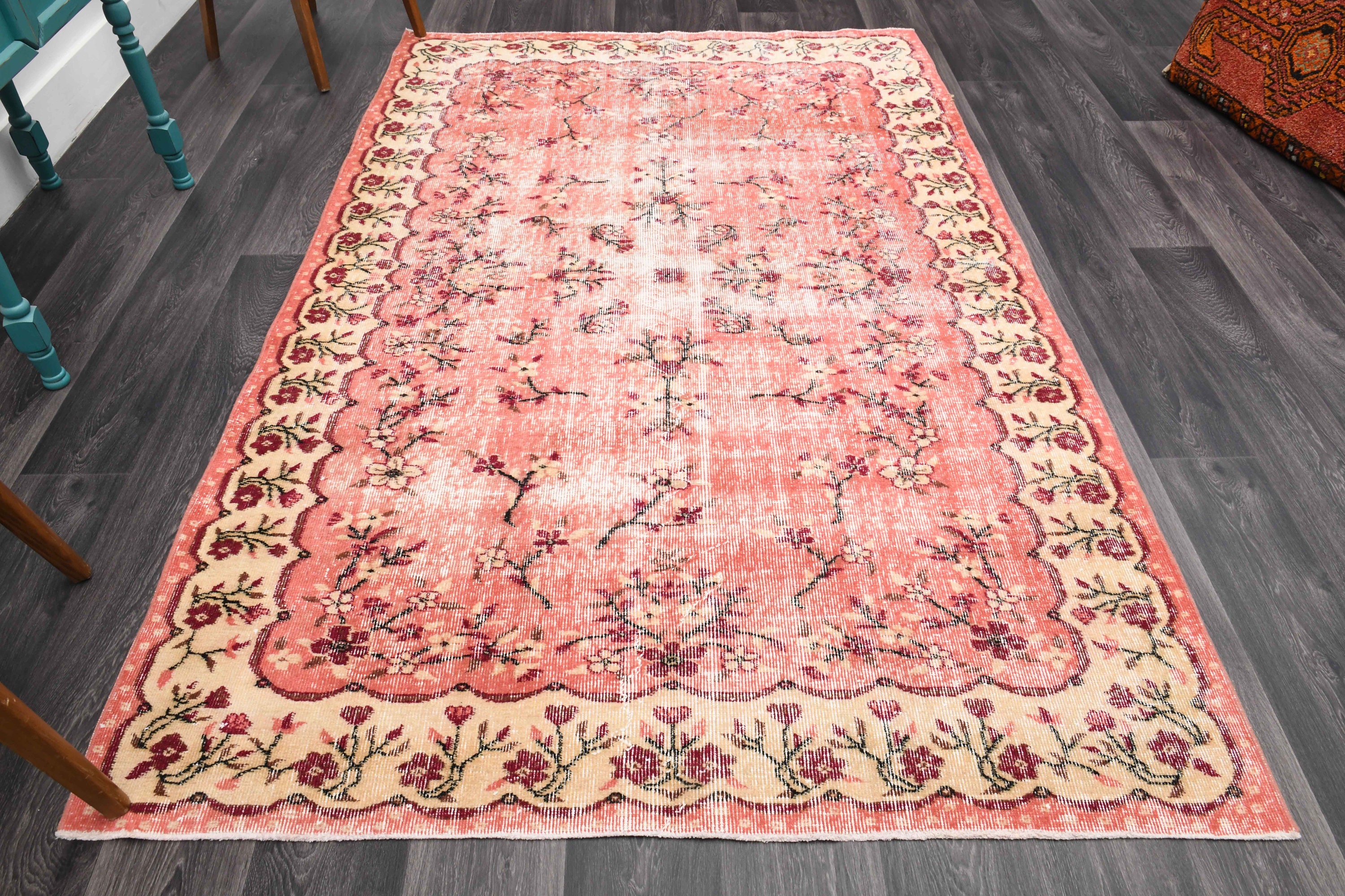 5.2x8.2 Ft, VINTAGE PINK Area Rug, Handmade Wool Rug, Floral