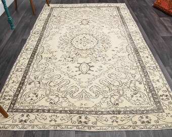 Alfombra turca de 1,6 x 2,7 m, estilo vintage, estilo oushak, floral, de lana, estilo rústico, para salón, hecha a mano, beige.