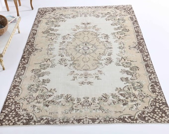 Alfombra turca de 1,8 x 2,9 m, estilo vintage, Oushak, floral, de lana, para sala de estar, hecha a mano, beige.