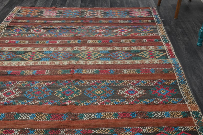 6.3x9.6 Ft Faded Orange Black TURKISH Kilim, Vintage Oushak Wool Rug, Flatweave Carpet, Living Room Rug, Handmade, Home Decor, 6x10 Area Rug image 7