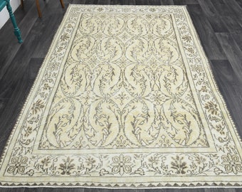 1,8 x 2,9 m, ALFOMBRA VINTAGE, Alfombra turca, Alfombra hecha a mano, Alfombra de lana, Alfombra floral con bordes, Alfombra Oushak, Alfombra beige, Alfombra rústica, Decoración del hogar, Alfombra