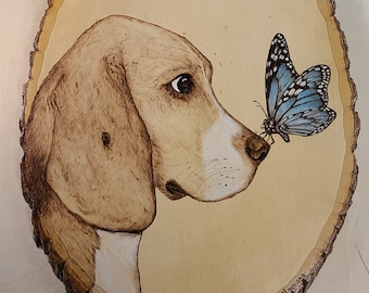 Puppy Blue Butterfly Wood Burning