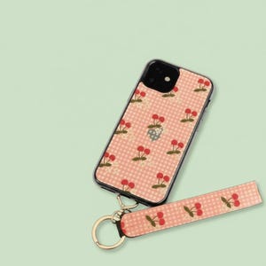 Cherry Gingham Phone Case with Matching Wristlet - Pastel Protective Cover