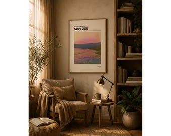 Póster abstracto de playa costera con ambiente melancólico, decoración de paisaje oceánico (descarga digital)