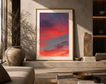 Lámina decorativa de nubes suaves para imprimir, fotografía atmosférica de cielo para interiores minimalistas neutros.