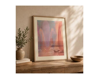 Arte mural minimalista costero, lámina fotográfica de playa en tonos neutros, descarga digital de paisaje oceánico suave.