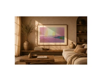 Lámina artística de playa en tonos pastel, paisaje marino abstracto, puesta de sol con arcoíris (descarga digital)