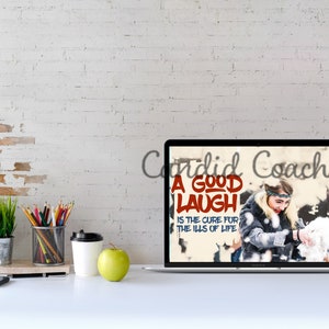 May include: A laptop computer screen displaying a motivational quote: "A good laugh is the cure for the ills of life." The quote is in red and white lettering on a background of a woman laughing in the snow. The laptop is on a white desk with a white coffee cup, a green apple, a pencil holder, a plant, and a stack of books.