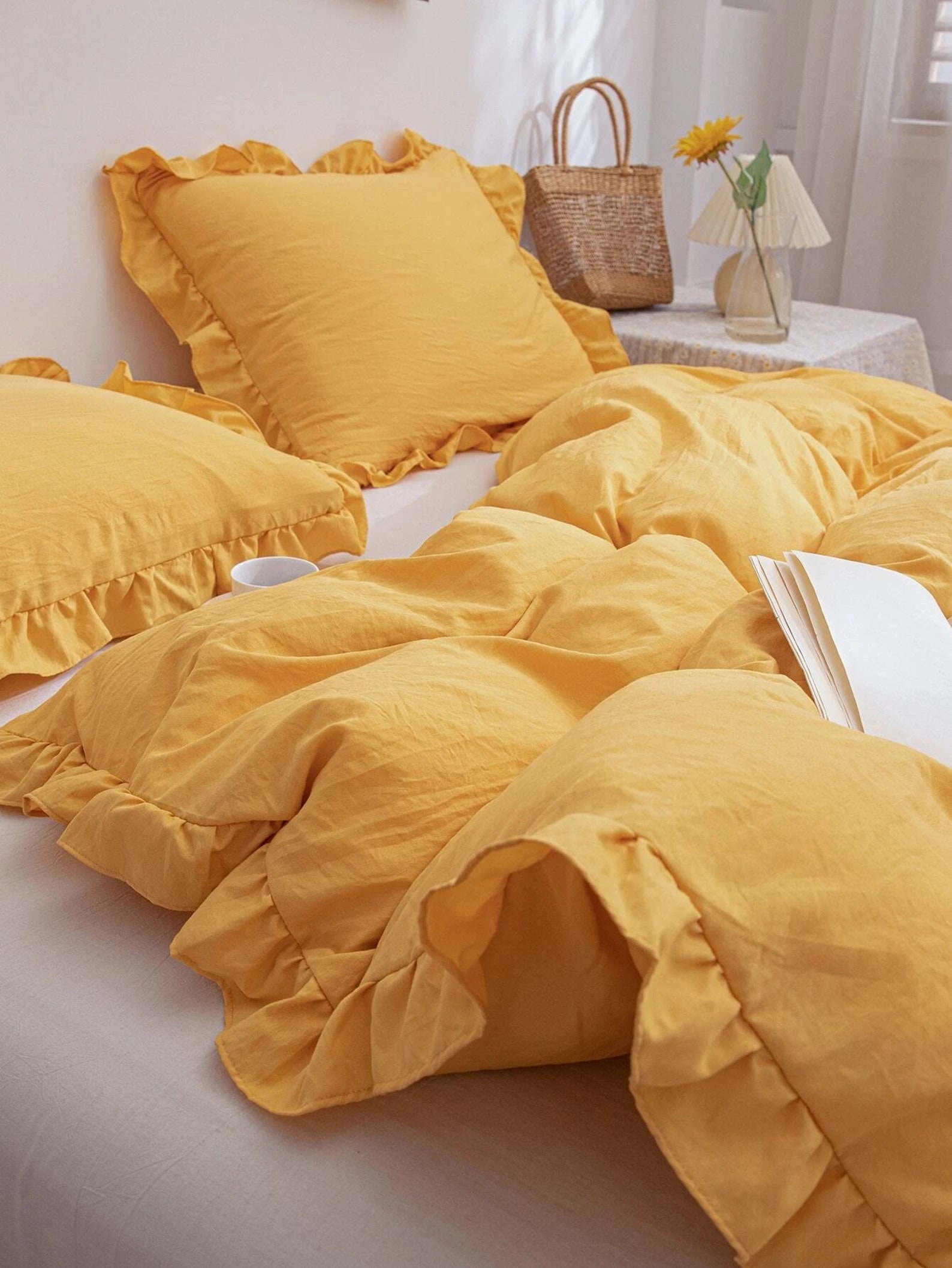 Mustard Yellow Ruffled Cotton Duvet Cover Yellow Bedding Set Etsy UK