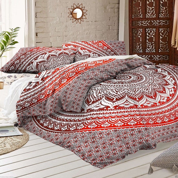Red Ombre Mandala Bedspread Bed Cover With Pillow Case Indian Handmade Bed Sheet 