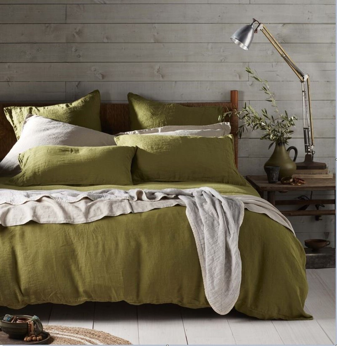 moss-green-linen-bedding-set-queen-boho-duvet-cover-in-mustard-etsy