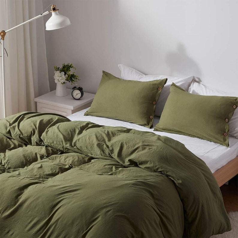 Olive Green Washed Queen Size Duvet Cover Set With Buttons Etsy