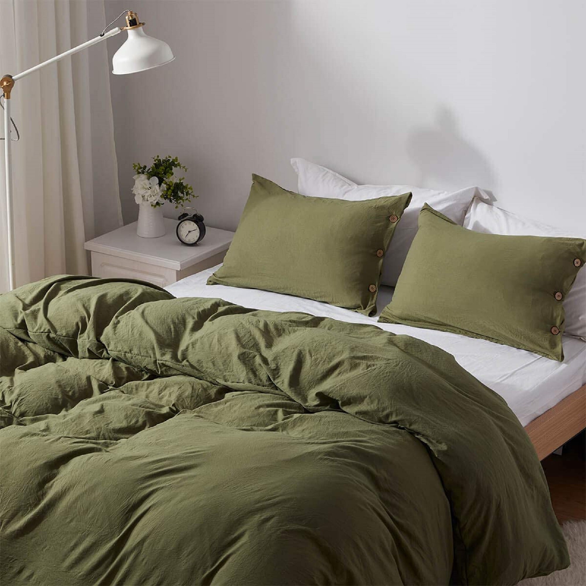 Olive Green Washed Queen Size Duvet Cover Set With Buttons Etsy