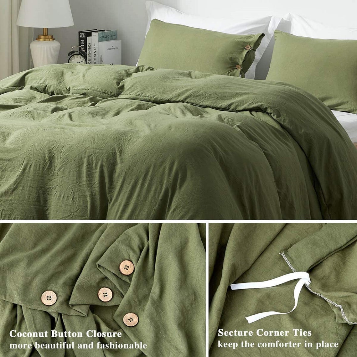 Olive Green Washed Queen Size Duvet Cover Set With Buttons Etsy