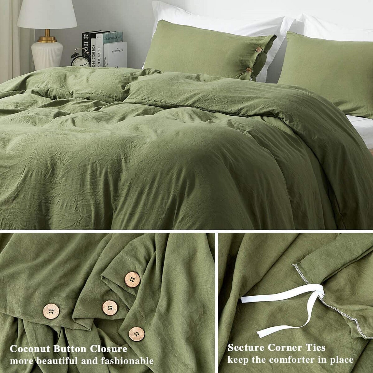 Olive Green Washed Queen Size Duvet Cover Set With Buttons Etsy
